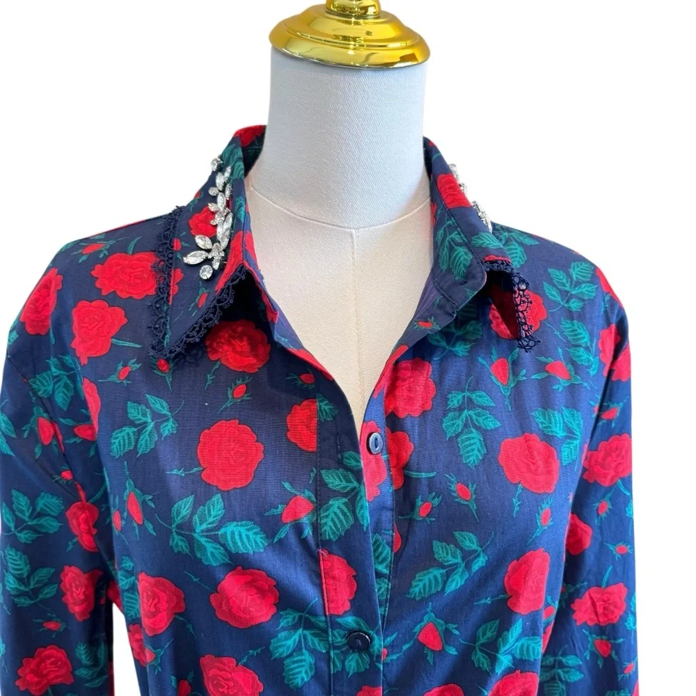 NWT Trish Scully Constance Maxi Dress Navy Rose Floral 12 Rhinestone Long Sleeve - Picture 5 of 17